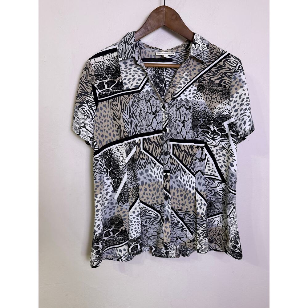 Dana Buchman Mixed Animal Print Button Front Blouse Women’s Large Short Sleeve